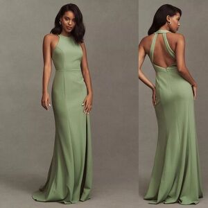BHLDN Juliana High-Neck Side-Slit Stretch Crepe Maxi Dress in Pistachio Green 4